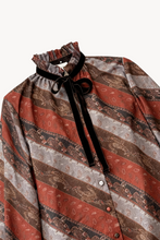 Load image into Gallery viewer, DIAGONAL STRIPE BLOUSE WITH VELVET CUFFS & NECK TIE - 73LONDON