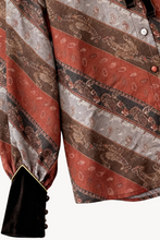 Load image into Gallery viewer, DIAGONAL STRIPE BLOUSE WITH VELVET CUFFS & NECK TIE - 73LONDON