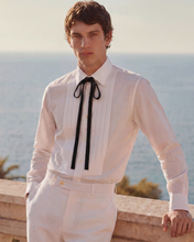 Load image into Gallery viewer, WHITE PLEATED FRONT COTTON SHIRT WITH VELVET NECK TIE