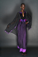 Load image into Gallery viewer, BOHEMIAN BLACK/SILVER, PURPLE SILK METALLIC KAFTAN DRESS - 73LONDON