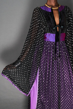 Load image into Gallery viewer, BOHEMIAN BLACK/SILVER, PURPLE SILK METALLIC KAFTAN DRESS - 73LONDON