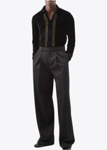 Load image into Gallery viewer, BLACK SILK VELVET SHIRT WITH GOLD CHAIN EMBROIDERY.