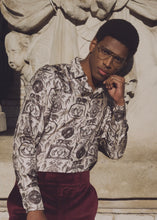 Load image into Gallery viewer, WHITE/BLACK TOILE PRINT SILK SHIRT.