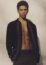 Load image into Gallery viewer, BLACK SILK VELVET SHIRT WITH GOLD CHAIN EMBROIDERY.