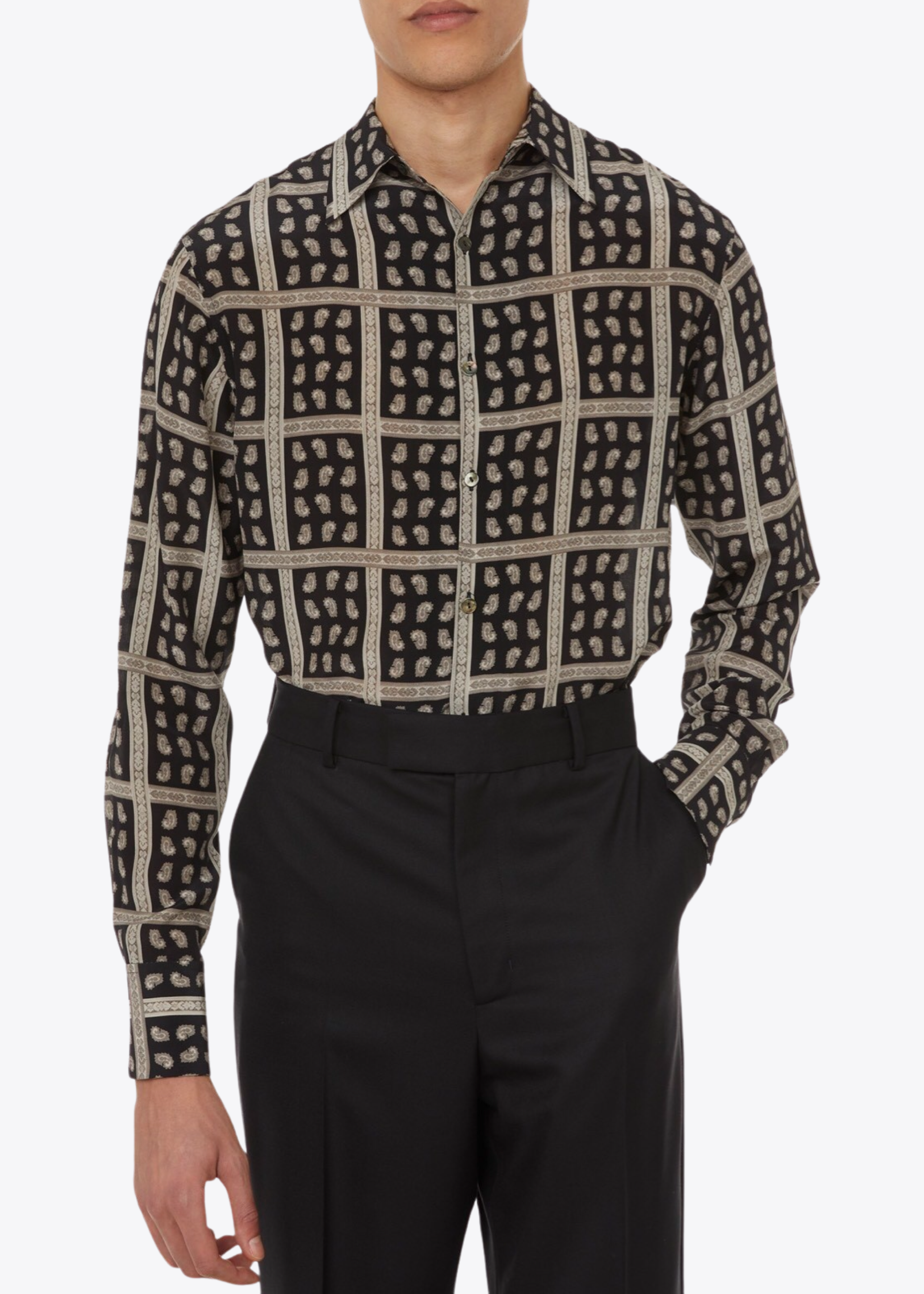 BLACK/IVORY PAISLEY PRINT SILK SHIRT.