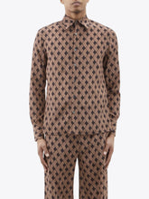 Load image into Gallery viewer, CAMEL/CHOCOLATE GEOMETRIC PRINT SILK SHIRT.
