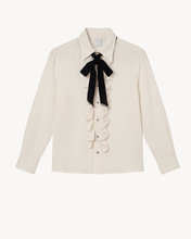 Load image into Gallery viewer, IVORY SILK RUFFLE SHIRT WITH VELVET NECK-TIE - 73LONDON
