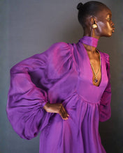 Load image into Gallery viewer, PURPLE 70’S VOLUME-SLEEVE, SILK EVENING DRESS - 73LONDON

