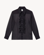Load image into Gallery viewer, BLACK SILK ORGANZA RUFFLE SHIRT WITH DIAMANTÉ TRIM - 73LONDON
