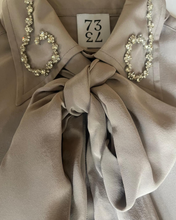 Load image into Gallery viewer, POWDER GREY/LILAC SILK SHIRT WITH DIAMANTE COLLAR DETAIL - 73LONDON

