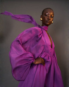 PURPLE 70’S VOLUME-SLEEVE, SILK EVENING DRESS - 73LONDON