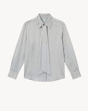 Load image into Gallery viewer, POWDER GREY/LILAC SILK SHIRT WITH DIAMANTE COLLAR DETAIL - 73LONDON
