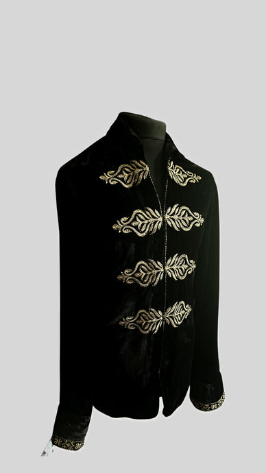 BLACK WITH GOLD EMBROIDERED SILK VELVET SHIRT.