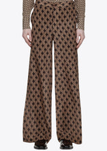 Load image into Gallery viewer, CAMEL/CHOCOLATE GEOMETRIC PRINT SILK TROUSERS.
