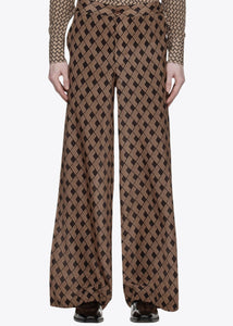 CAMEL/CHOCOLATE GEOMETRIC PRINT SILK TROUSERS.