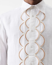 Load image into Gallery viewer, White shirt with gold embroidery details on a white background
