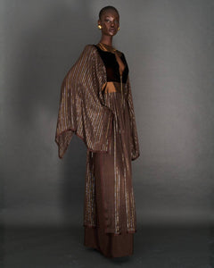 BOHEMIAN CHOCOLATE/GOLD SILK METALLIC KAFTAN DRESS - 73LONDON