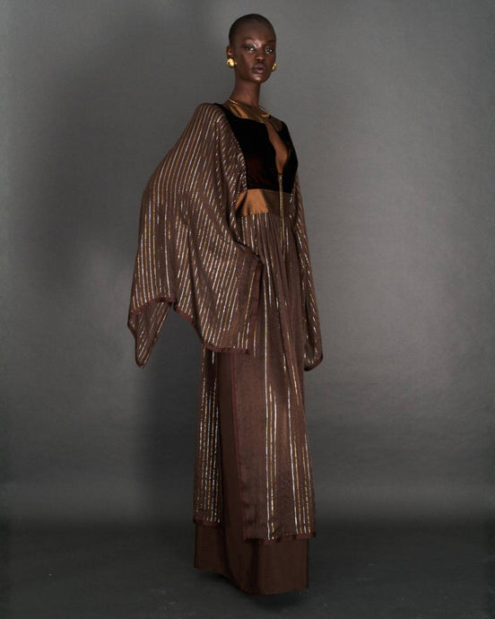 BOHEMIAN CHOCOLATE/GOLD SILK METALLIC KAFTAN DRESS - 73LONDON