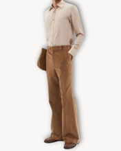 Load image into Gallery viewer, SIGNATURE FLARE LEG GOLDEN BROWN VELVET TROUSERS - 73LONDON
