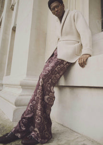 BERRY/CREAM TOILE PRINT SILK TROUSERS.