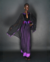 Load image into Gallery viewer, BOHEMIAN BLACK/SILVER, PURPLE SILK METALLIC KAFTAN DRESS
