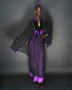 BOHEMIAN BLACK/SILVER, PURPLE SILK METALLIC KAFTAN DRESS