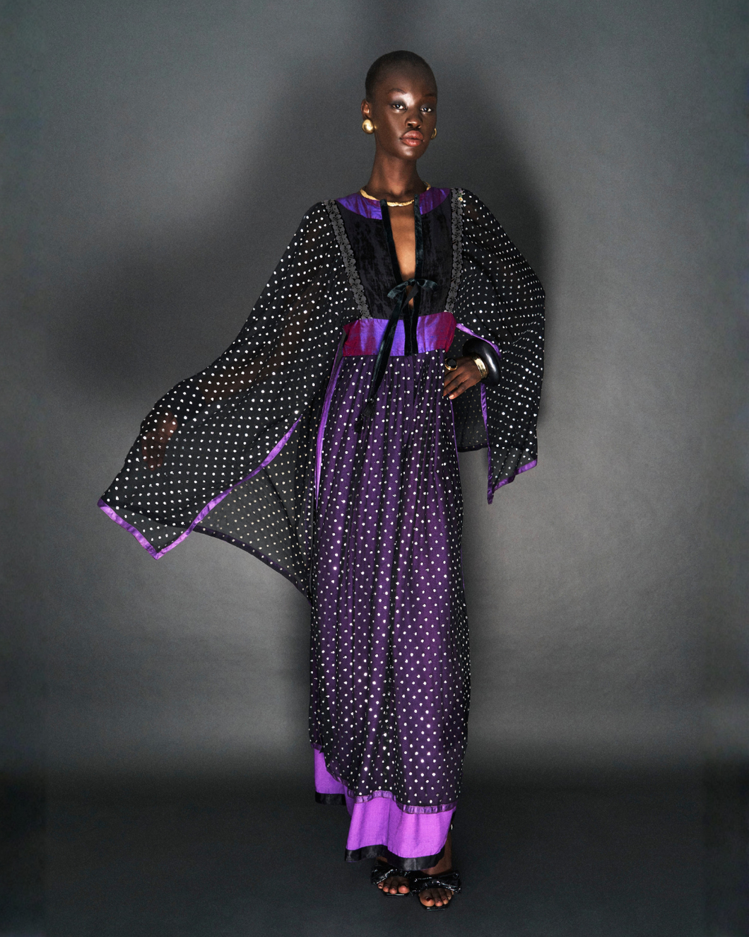 BOHEMIAN BLACK/SILVER, PURPLE SILK METALLIC KAFTAN DRESS
