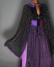 Load image into Gallery viewer, BOHEMIAN BLACK/SILVER, PURPLE SILK METALLIC KAFTAN DRESS
