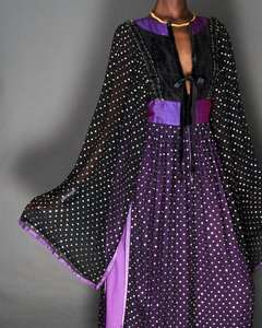 BOHEMIAN BLACK/SILVER, PURPLE SILK METALLIC KAFTAN DRESS