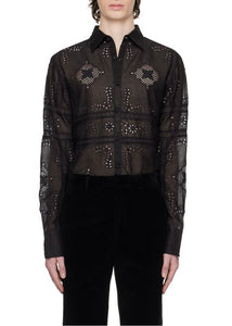 BLACK COTTON BRODERIE ANGLAISE SHIRT.