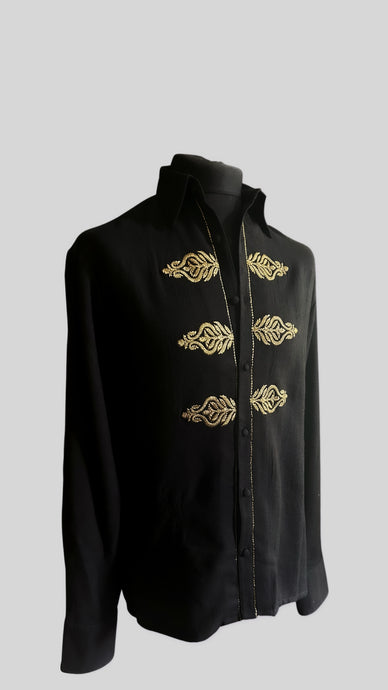 BLACK WOOL BLEND WITH GOLD EMBROIDERY.