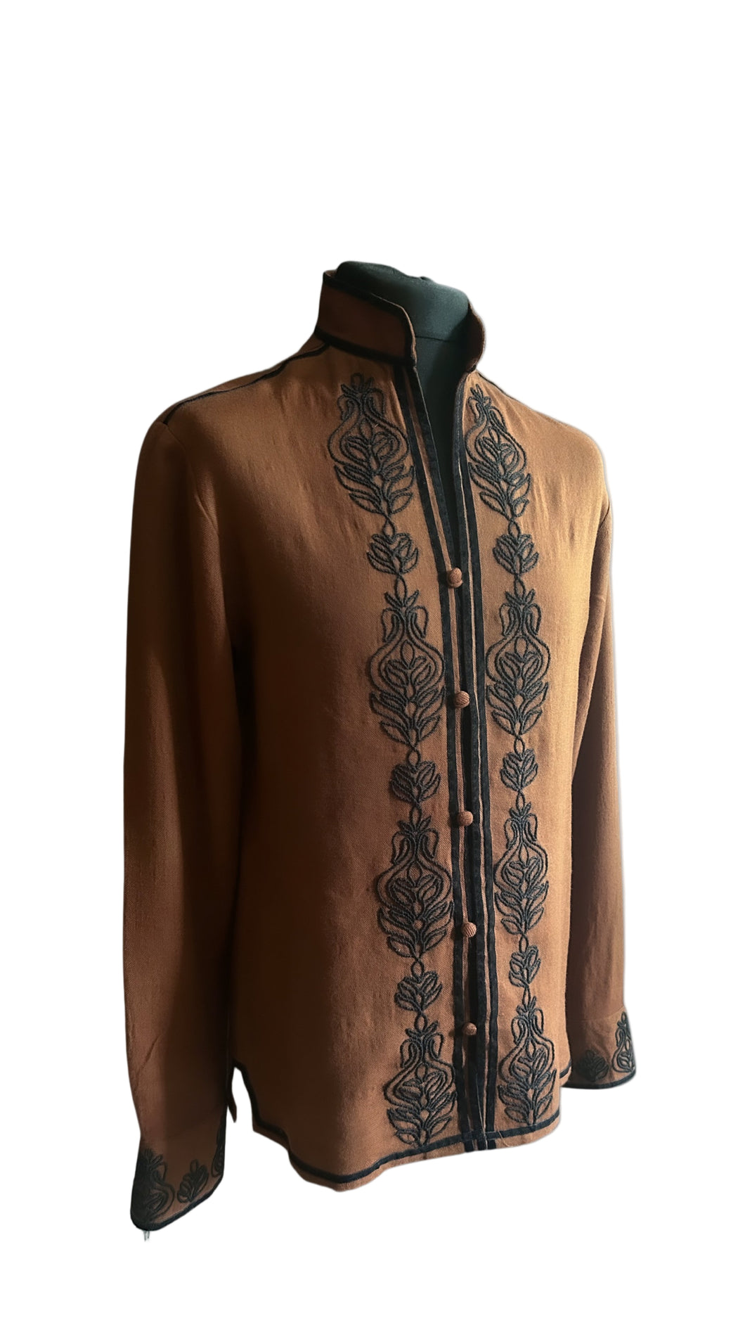 NEHRU COLLAR WOOL BLEND EMBROIDERED SHIRT.