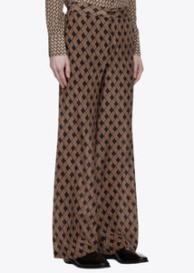 CAMEL/CHOCOLATE GEOMETRIC PRINT SILK TROUSERS.