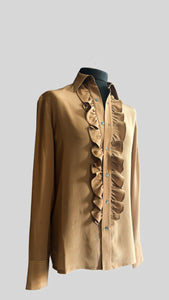 TAN SILK RUFFLE SHIRT.