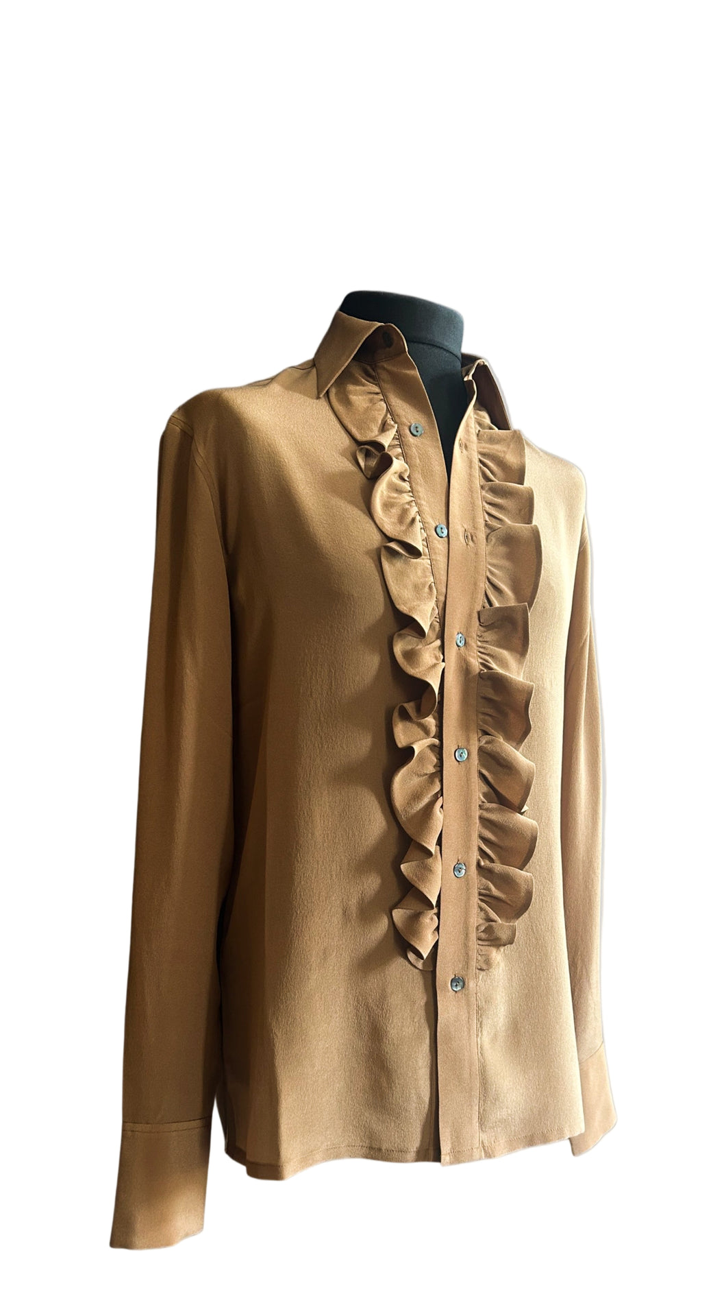 TAN SILK RUFFLE SHIRT.