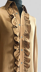 TAN SILK RUFFLE SHIRT.