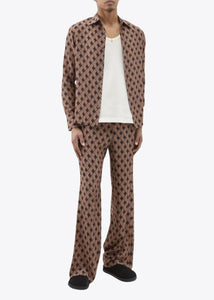 CAMEL/CHOCOLATE GEOMETRIC PRINT SILK SHIRT.