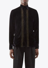 Load image into Gallery viewer, BLACK SILK VELVET SHIRT WITH GOLD CHAIN EMBROIDERY.
