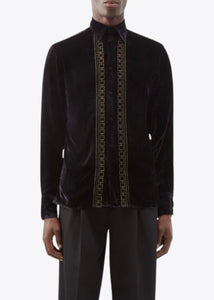 BLACK SILK VELVET SHIRT WITH GOLD CHAIN EMBROIDERY.