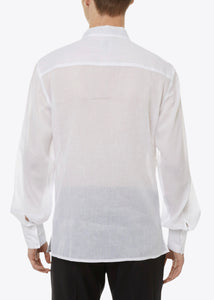 WHITE PLEATED FRONT COTTON SHIRT WITH VELVET NECK TIE.