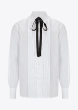 Load image into Gallery viewer, WHITE PLEATED FRONT COTTON SHIRT WITH VELVET NECK TIE.
