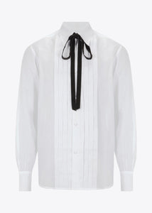 WHITE PLEATED FRONT COTTON SHIRT WITH VELVET NECK TIE.