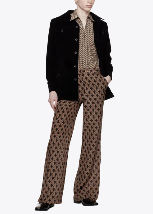 CAMEL/CHOCOLATE GEOMETRIC PRINT SILK TROUSERS.