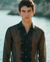 Load image into Gallery viewer, BLACK SILK ORGANZA RUFFLE SHIRT WITH DIAMANTÉ TRIM - 73LONDON
