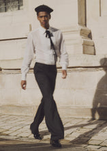 Load image into Gallery viewer, WHITE PLEATED FRONT COTTON SHIRT WITH VELVET NECK TIE.
