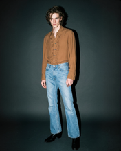 Load image into Gallery viewer, TAN SILK RUFFLE SHIRT
